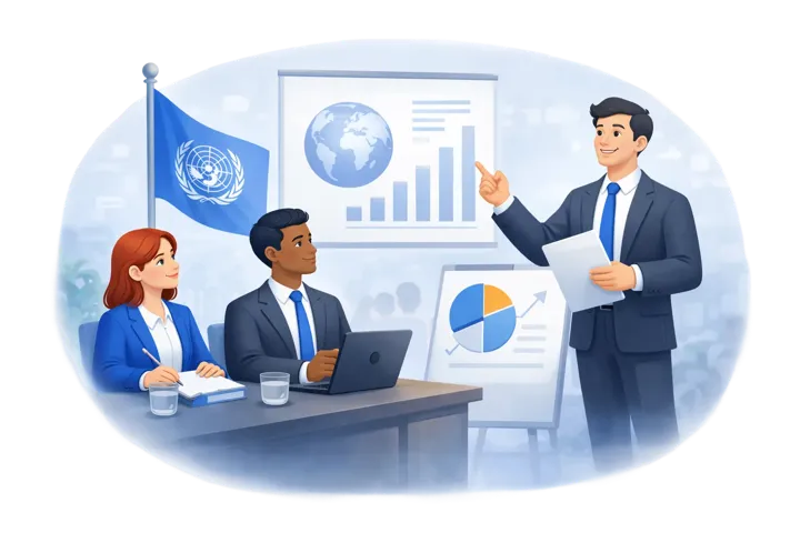 Government and NGO teams in an international multilingual meeting