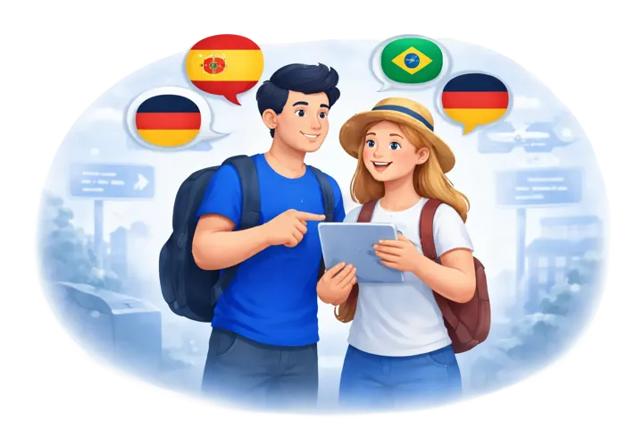 Two travelers practicing phrases in multiple languages