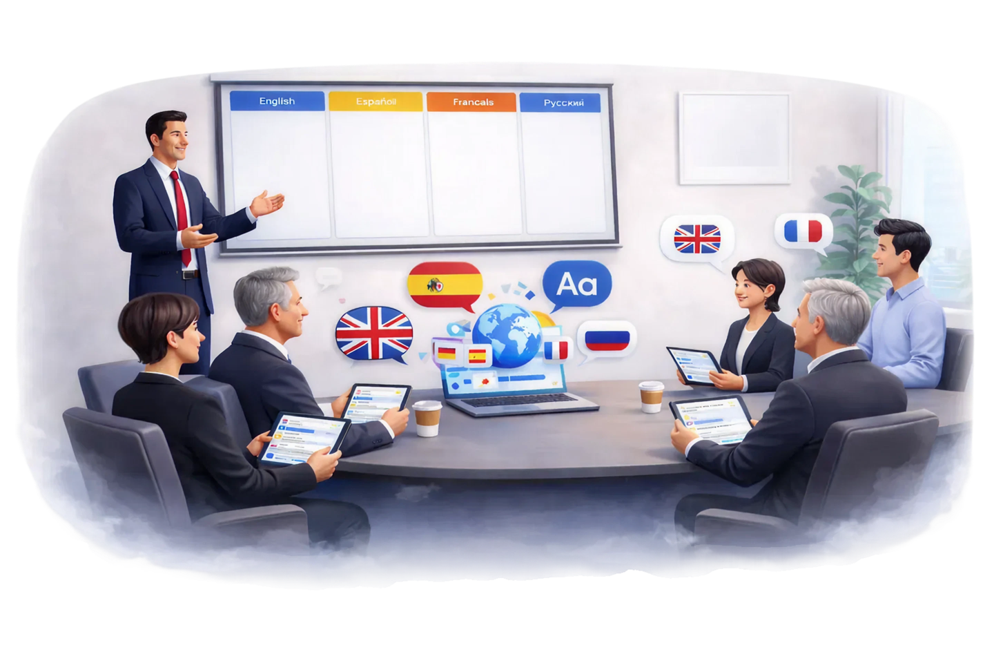 Conference attendees viewing live translated text in multiple languages